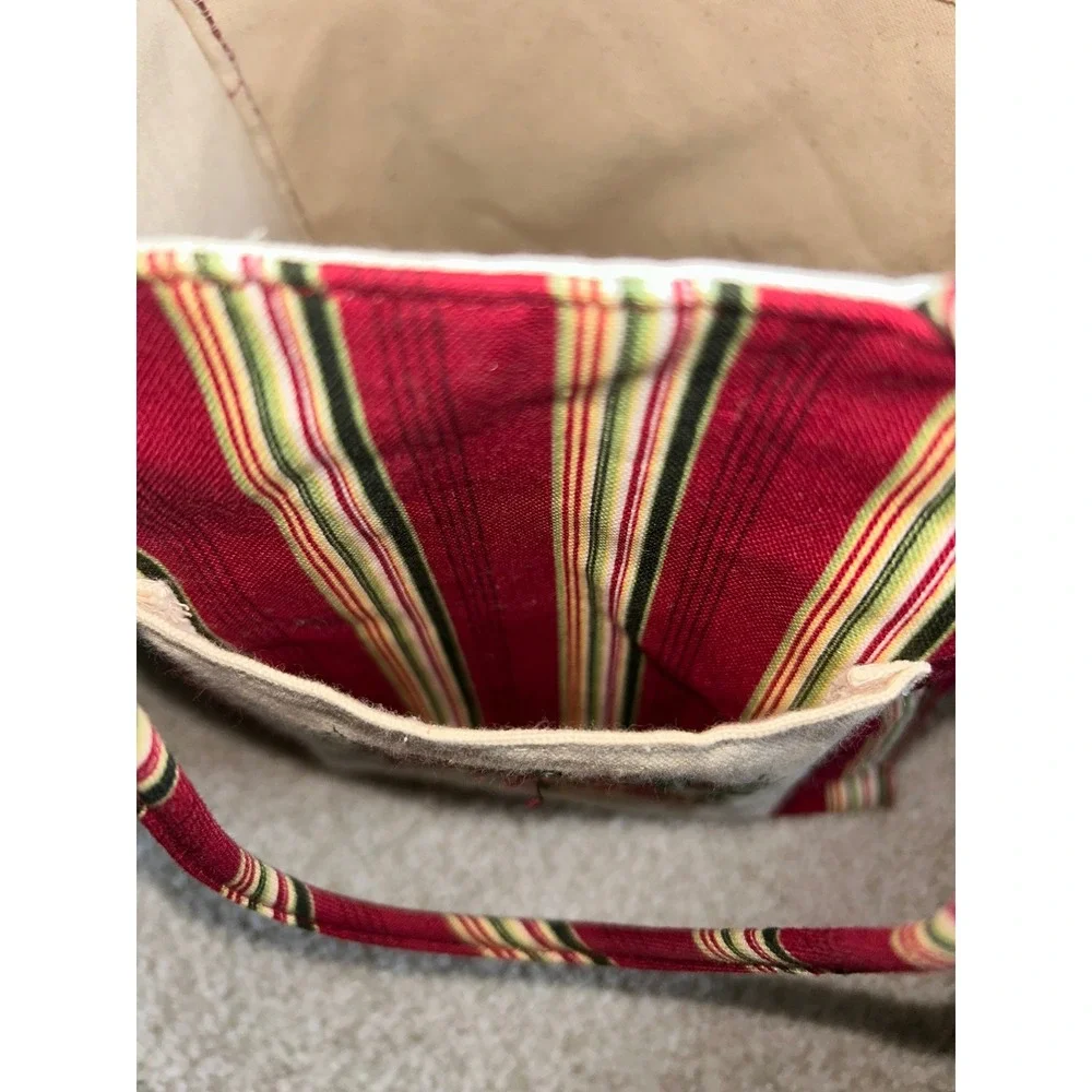 Christmas Holiday Striped Canvas Tote Bag Embroidered Basket Red Green Cream